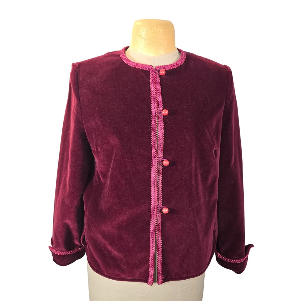 Vintage Burgundy Velvet Jacket Braided‎ Trim Button Front Wine Red Womens XL